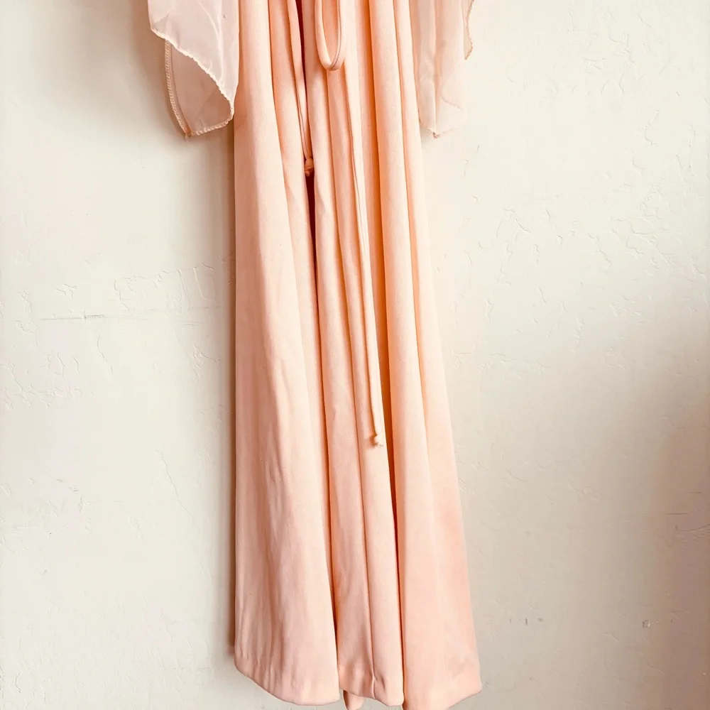 Vintage 1970s Peach Angel Wing Sleeve Deep V-neckline Empire Waist Maxi Dress - Picture 7 of 15